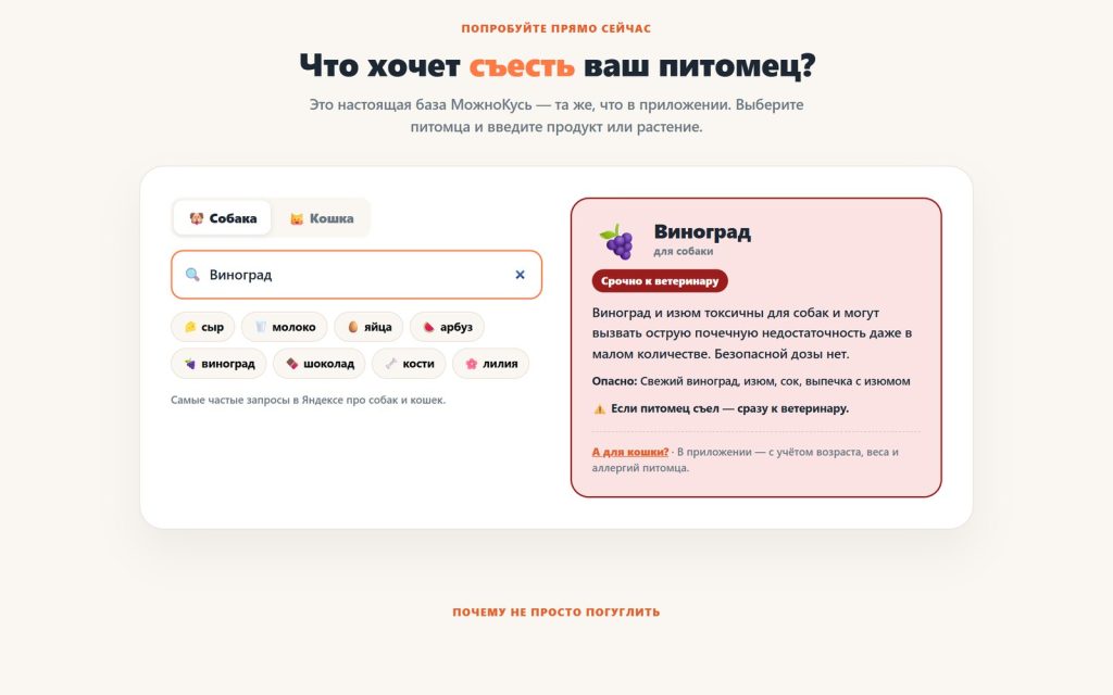 Живая проверка на сайте МожноКусь: виноград для собаки, вердикт «Срочно к ветеринару»